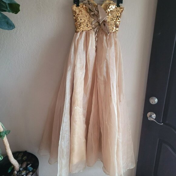Gold Sequin Strapless Sweetheart Neckline Evening Gown With Sheer Flowing Skirt - Picture 5 of 5